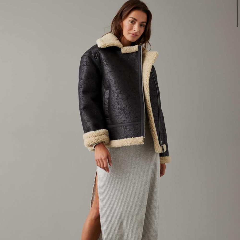 AE Oversized Vegan Shearling Moto Jacket Black Medium NWT